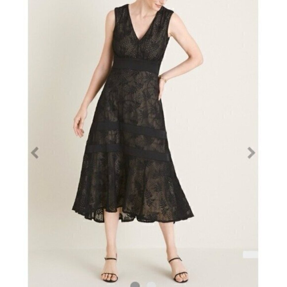 Taylor Chico’s Embroidered Eyelet Black Midi Dress Size 12 Medium